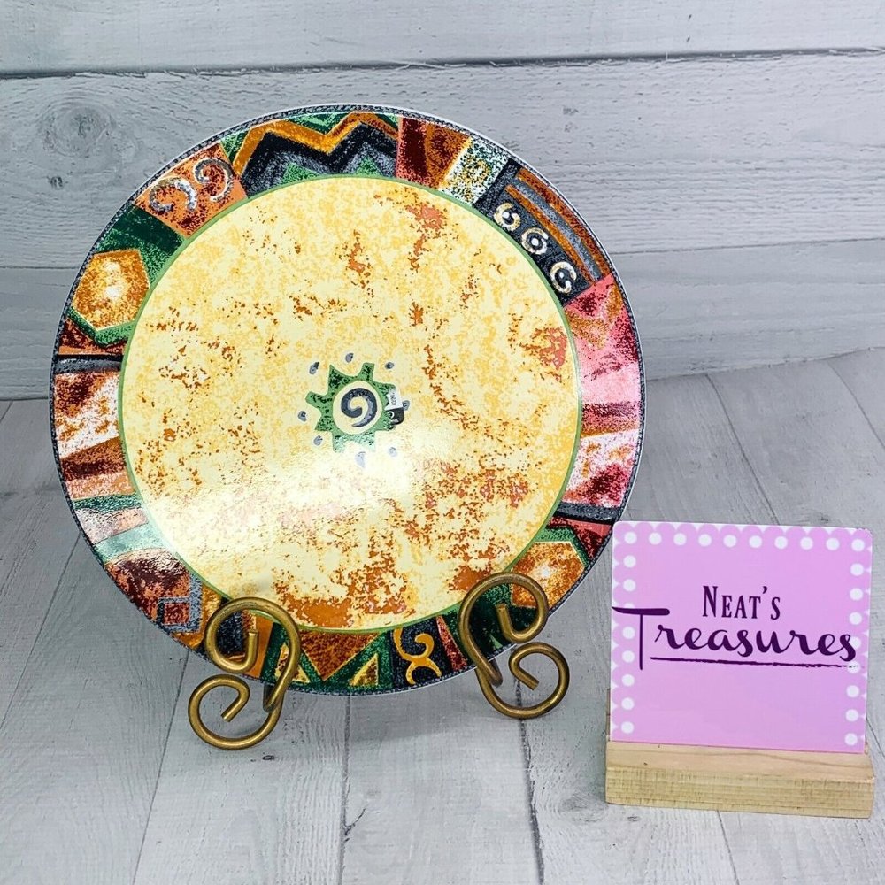 Vintage Furio MESA Multicolored  Geometric Rim Indonesia Stoneware Round Trivet